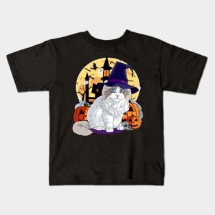 Ragdoll Cat Funny Halloween Witch Pumpkin Kids T-Shirt